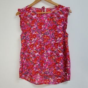 Jodifl Shirt Women's Small Red Pink Floral Casual Ruffle Sleeve Top